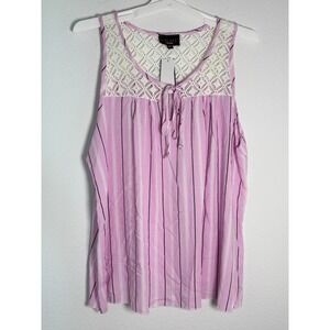 Discreet Pink White Striped Crochet Lace Yoke Tie Front Tank Top Blouse XL NWT